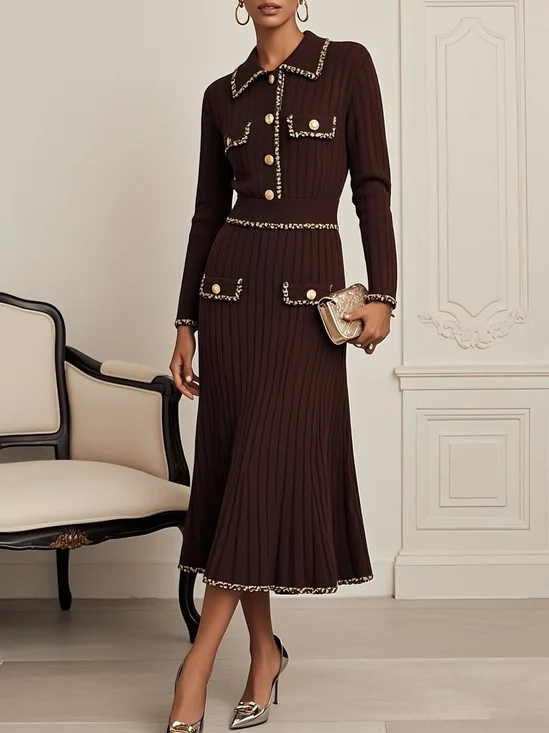 Red Brown Piping Buckle Sweater Shawl Collar Long Sleeve A-Line Midi Dress