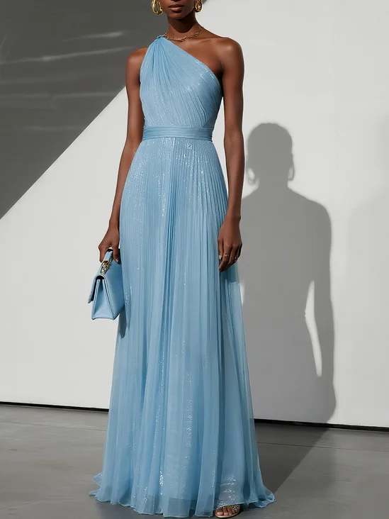 Light Blue Tulle One Shoulder Sleeveless A-Line Gown Dress