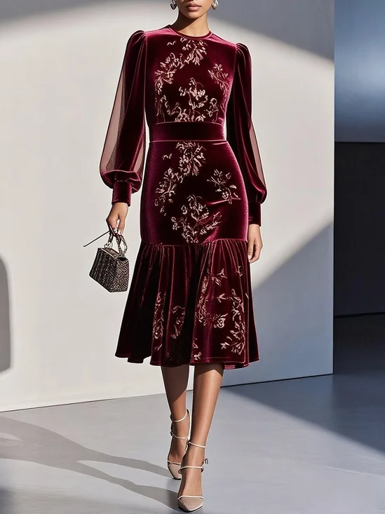 Wine Red Mesh Velvet Crew Neck Long Sleeve Balloon Sleeve Mermaid Midi Dress