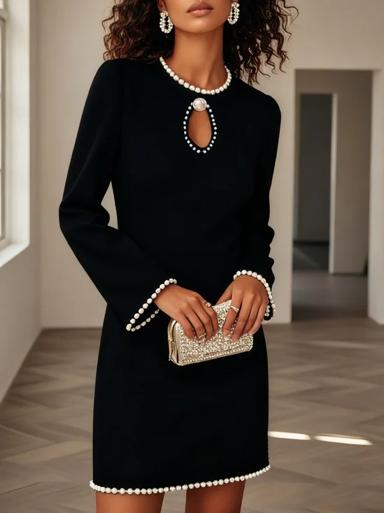 Black Imitation Pearls Cut Out Classic Crew Neck Long Sleeve Shift Mini Dress