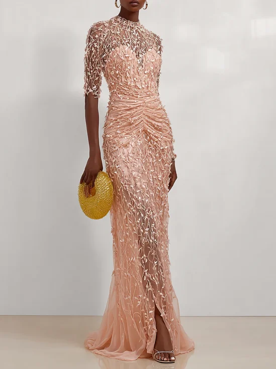 Peach Mesh Lace Crew Neck Half Sleeve Sheath Gown Dress