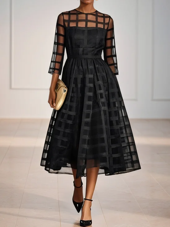 Black Classic Crew Neck Three Quarter Sleeve A-Line Midi Dress