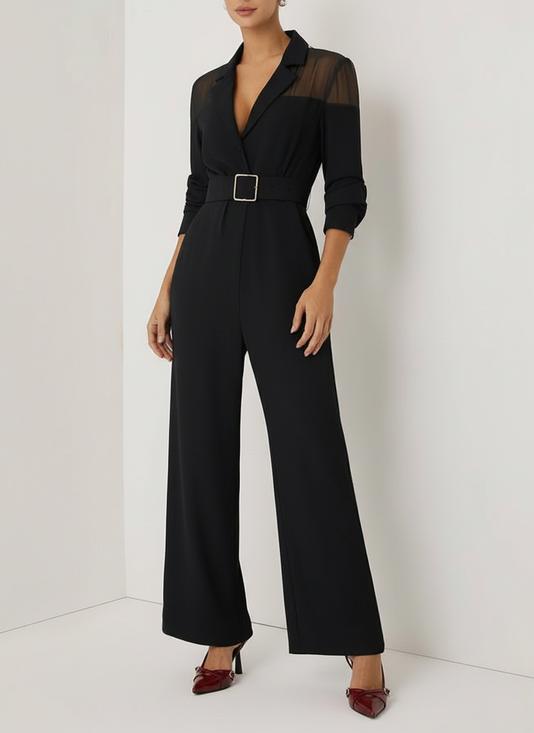 Women Black Mesh Lapel Collar Long Sleeve Dressy Jumpsuit