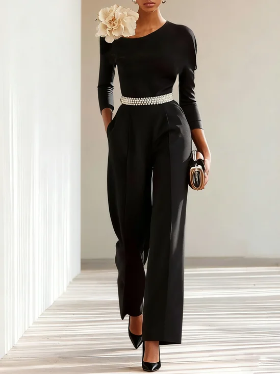 Women Black Imitation Pearls 3D Floral Crew Neck Three Quarter Sleeve Dressy Jumpsuit