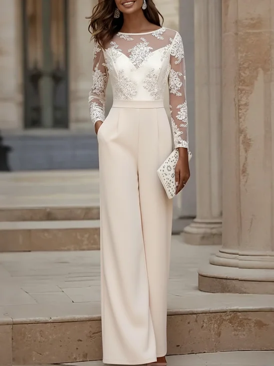Women Apricot Lace Beaded Boat Neck Long Sleeve Regular Sleeve Dressy Jumpsuit