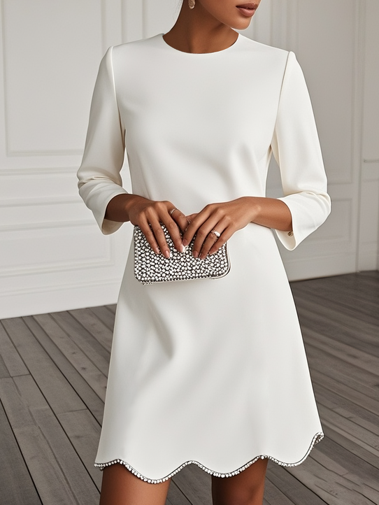 White Rhinestone Classic Crew Neck Three Quarter Sleeve A-Line Mini Dress