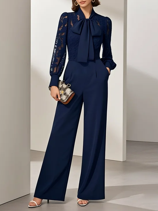 Women Purplish Blue Lace Bow Tie Neck Long Sleeve Balloon Sleeve Dressy Jumpsuit
