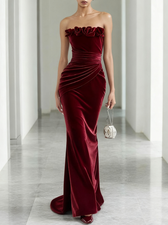 Wine Red 3D Floral Velvet Strapless Sleeveless Sheath Maxi Dress