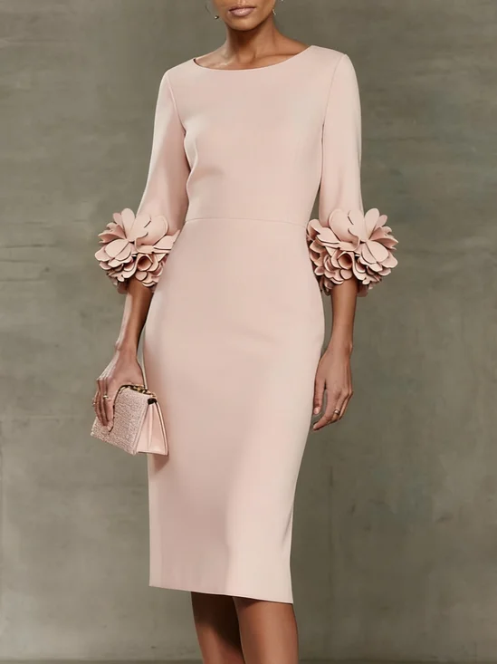 Light Pink 3D Floral Classic Crew Neck Half Sleeve Sheath Midi Dress