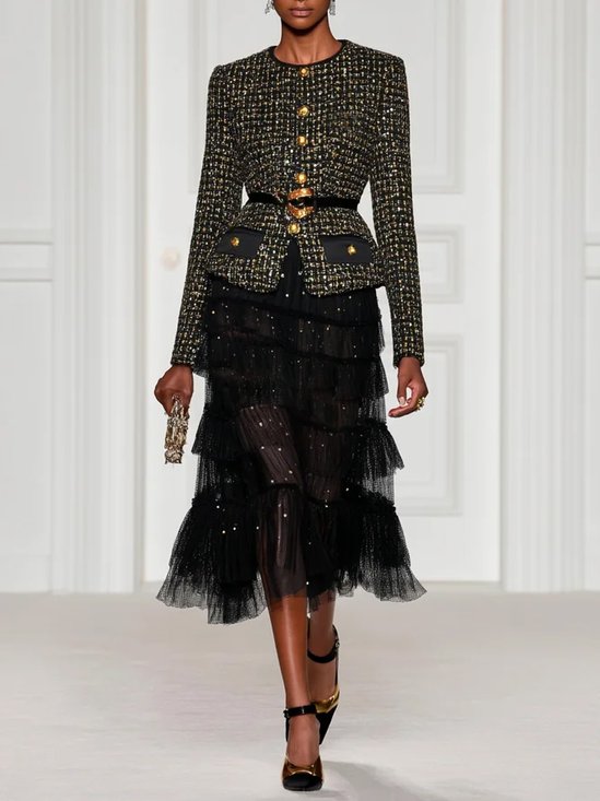 Women Black Tweed Tulle Buckle Stamped Bronzing Crew Neck Long Sleeve Dressy Coat With Skirt Two-Piece Set