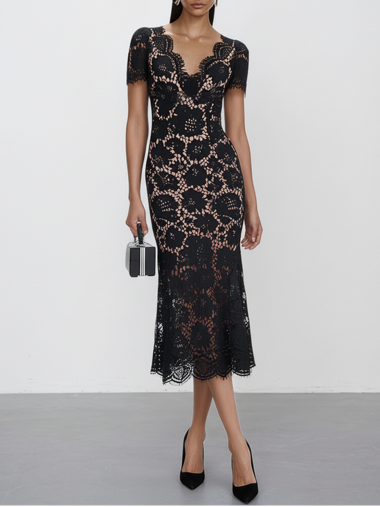 Black Lace Edge Lace V Neck Short Sleeve Mermaid Midi Dress