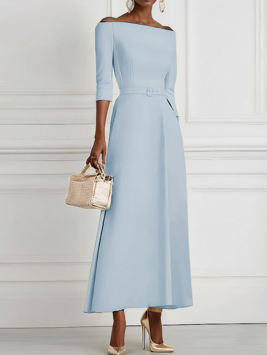 Light Blue Classic Off The Shoulder Half Sleeve A-Line Maxi Dress