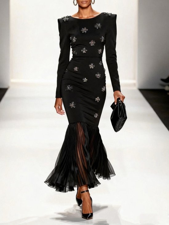 Black Pleated 3D Floral Velvet Mermaid Maxi Dress