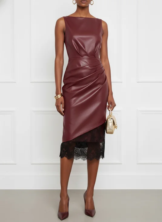Burgundy Faux Leather Lace Ruched Classic Boat Neck Sleeveless Shift Midi Dress