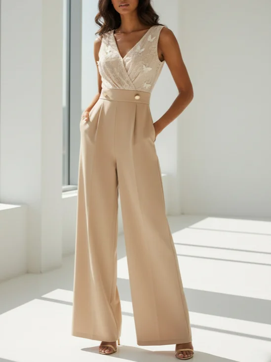 Women Apricot V Neck Sleeveless Jumpsuit