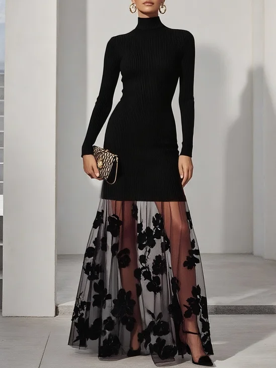 Black Mesh Floral Knit Mock Neck Long Sleeve A-Line Maxi Dress