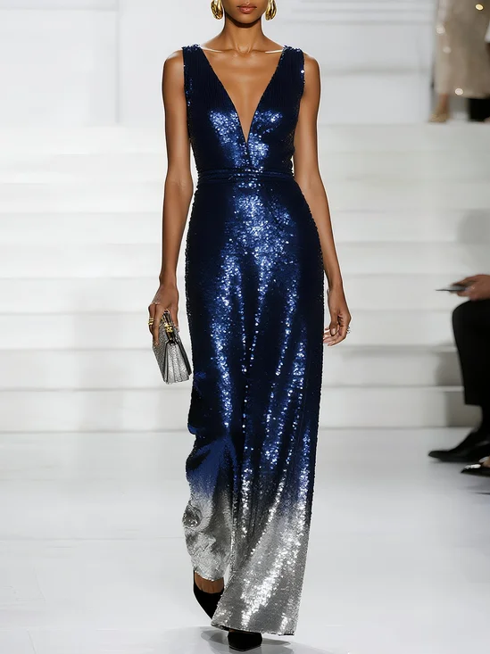 Navy Blue Ombre Sequin Deep V Neck Sleeveless Sheath Maxi Dress