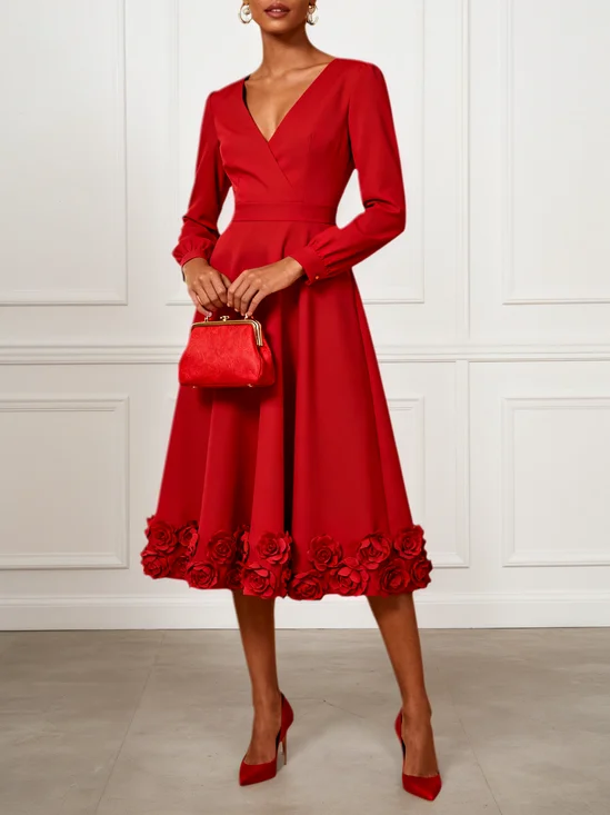 Red 3D Floral Classic V Neck Long Sleeve A-Line Midi Dress