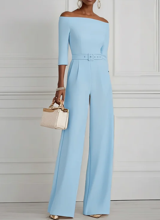 Women Light Blue Off The Shoulder Half Sleeve Dressy Jumpsuit With Pockets