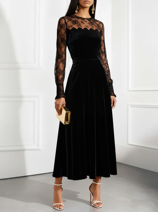 Black Lace Split Joint Velvet Crew Neck Long Sleeve A-Line Maxi Dress
