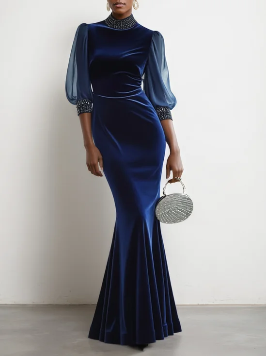 Royal Blue Rhinestone Velvet Stand Collar Half Sleeve Balloon Sleeve Mermaid Maxi Dress
