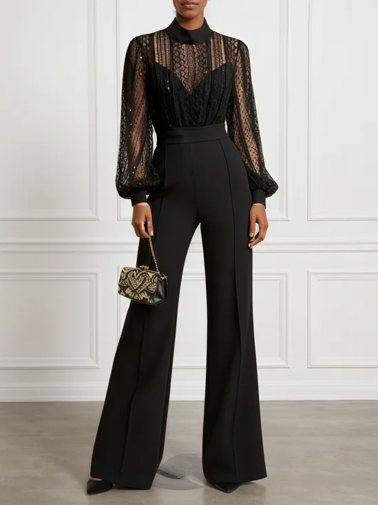 Women Black Lace Mock Neck Long Balloon Sleeve Dressy Jumpsuit