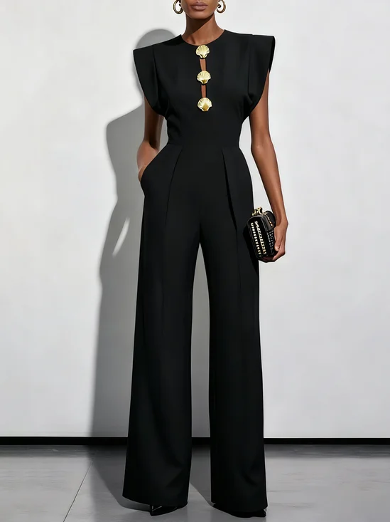 Women Black Buckle Hollow Out Crew Neck Cap Sleeve Dressy Jumpsuit