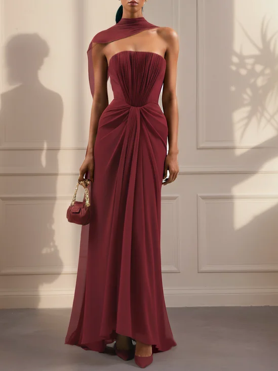 Burgundy Pleated Classic Strapless Sleeveless Sheath Gown Dress