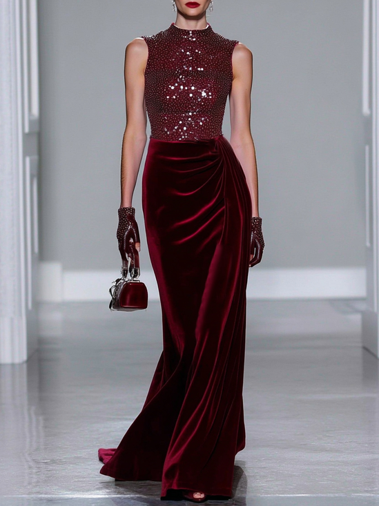 Burgundy Ruched Glitter Sequin Velvet Crew Neck Sleeveless Mermaid Gown Dress