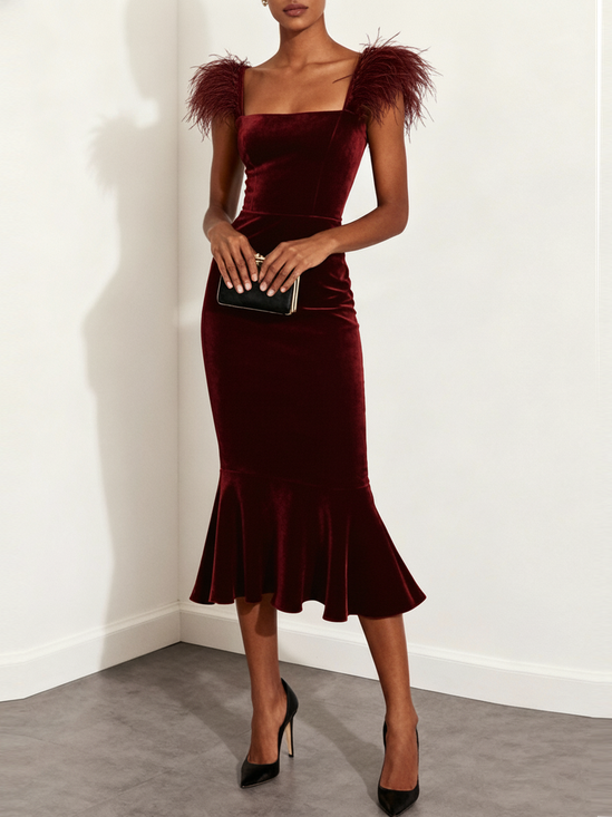 Wine Red Feather Velvet Square Neck Sleeveless Mermaid Midi Dress