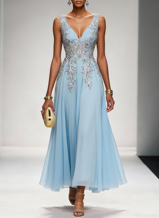 Light Blue Sequin Lace Asymmetric Chiffon V Neck Sleeveless A-Line Maxi Dress