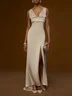 Apricot V Neck Sleeveless Slit Sheath Satin Dress