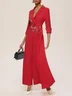 Red Applique Floral Lapel Collar Blazer Wide-Leg Jumpsuit