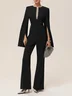 Women Black Rhinestone Split Bell Sleeve Wide-Leg Jumpsuit