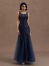 Purplish Blue Lace Crew Neck Sleeveless Sheath Maxi Dress