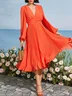 Orange Pleated V Neck Balloon Sleeve A-Line Midi Chiffon Dress