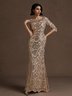 Rose Gold Lace Crew Neck Three Quarter Sleeve Sheath Gown Dress