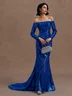 Royal Blue Glitter Wedding Dress Off The Shoulder Long Sleeve Mermaid Gown Dress