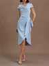 Light Blue Ruched Asymmetric Classic Cowl Neck Cap Sleeve Sheath Midi Dress