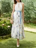 White Pleated Floral Chiffon Halter Sleeveless A-Line Maxi Dress