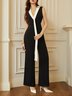 Black Plain Regular Fit V Neck Urban Jumpsuit