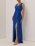 Blue Ruched Prom Dress V Neck Gallus A-Line Maxi Dress