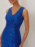 Blue Ruched Sequin V Neck Sleeveless A-Line Maxi Mother of the Bride or Groom Dress