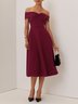 Wine Red Cross Classic Off The Shoulder Short Sleeve A-Line Midi Dress
