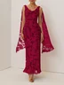 Red Classic Chiffon Floral Cowl Neck Extra-long Sleeve Sheath Midi Dress