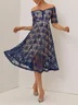 Purplish blue Lace Lace Off The Shoulder Short Sleeve A-Line Midi Dress