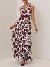 Wine Red Floral Peplum Classic Halter Sleeveless A-Line Maxi Dress