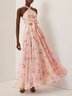 Pink Floral Chiffon Halter Sleeveless A-Line Maxi Dress