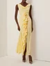 Yellow 3D Floral Peplum Satin Cowl Neck Sleeveless Mermaid Maxi Dress