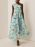 Light Green Floral Ruched One Shoulder A-Line Maxi Chiffon Dress